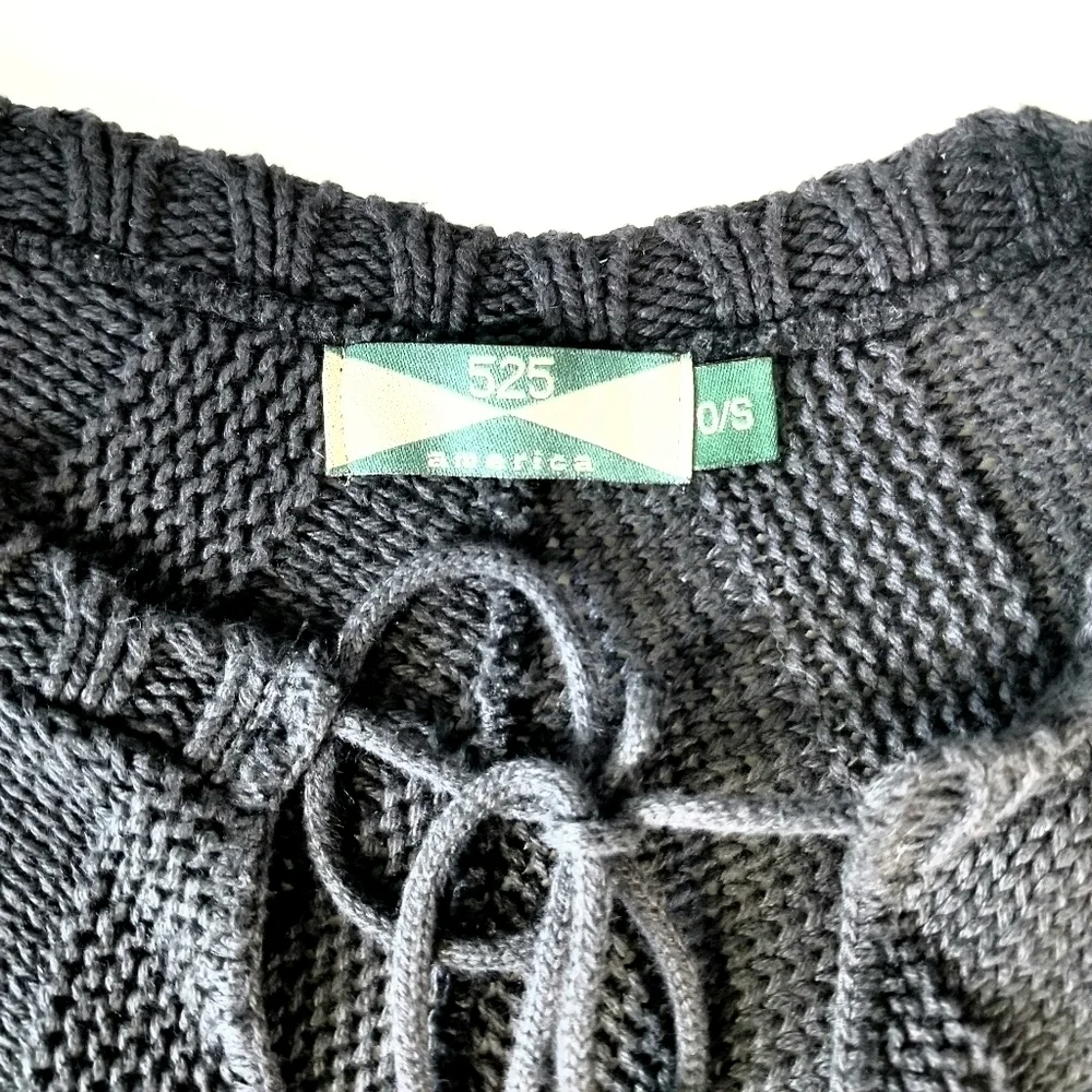 525 America Black 100% Cotton Cable Chunky Knit Ribbed Fringe Hem  Poncho , O/S